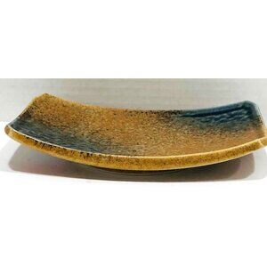 Aoi Nagashi Blue Tan Glazed Rectangular Plate Trinket Dish 7.25 x 4.75 Signed